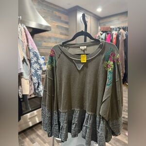 POL Women's Olive Top with Floral Embroidery